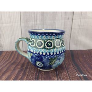 UNIKAT M3-77 586 Pottery BUBBLE MUG M. IWICKA Hand Made in Poland BLUE FLOWERS